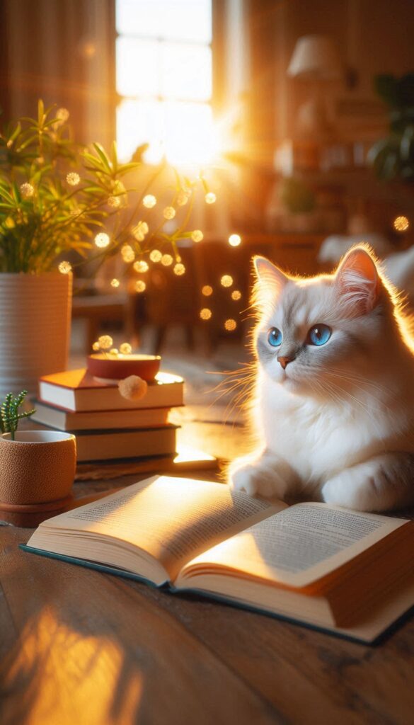 Gatito blanco mágico – MIAUL y la magia de la lectura rápida. Gatito blanco leyendo un libro – Inspiración mágica de MIAUL para lectura rápida y comprensión total.