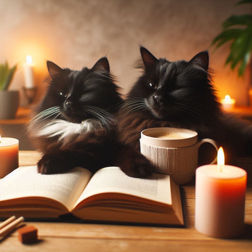 Dos gatos negros felices – La unión de sabiduría y lectura en MIAUL. Dos gatos negros leyendo juntos – Inspiración de MIAUL para aprender en comunidad con lectura rápida y comprensión total.