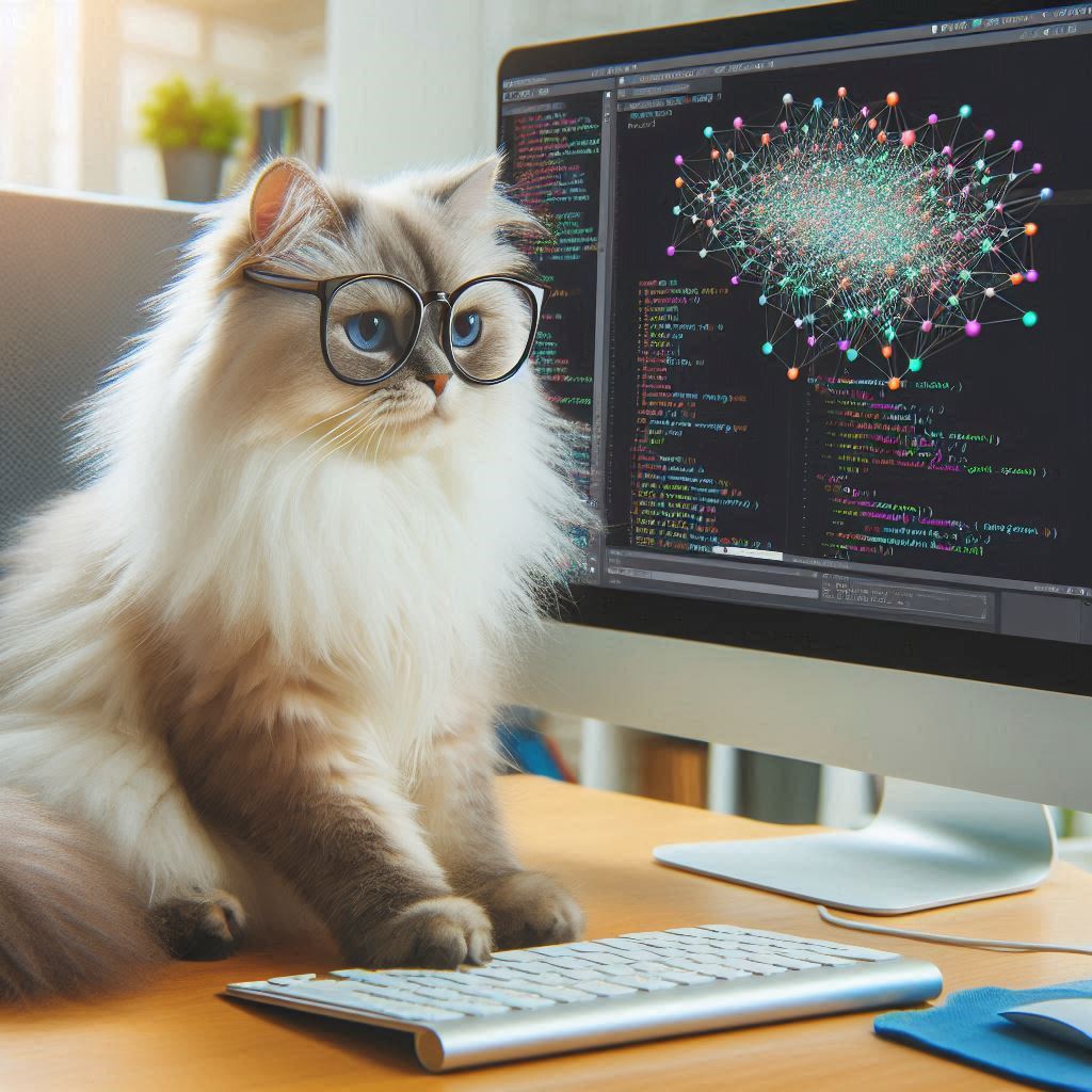 Gato blanco aprendiendo – MIAUL, lectura rápida con enfoque moderno. Gato blanco frente a una computadora – Inspiración de MIAUL para lectura rápida y aprendizaje digital.